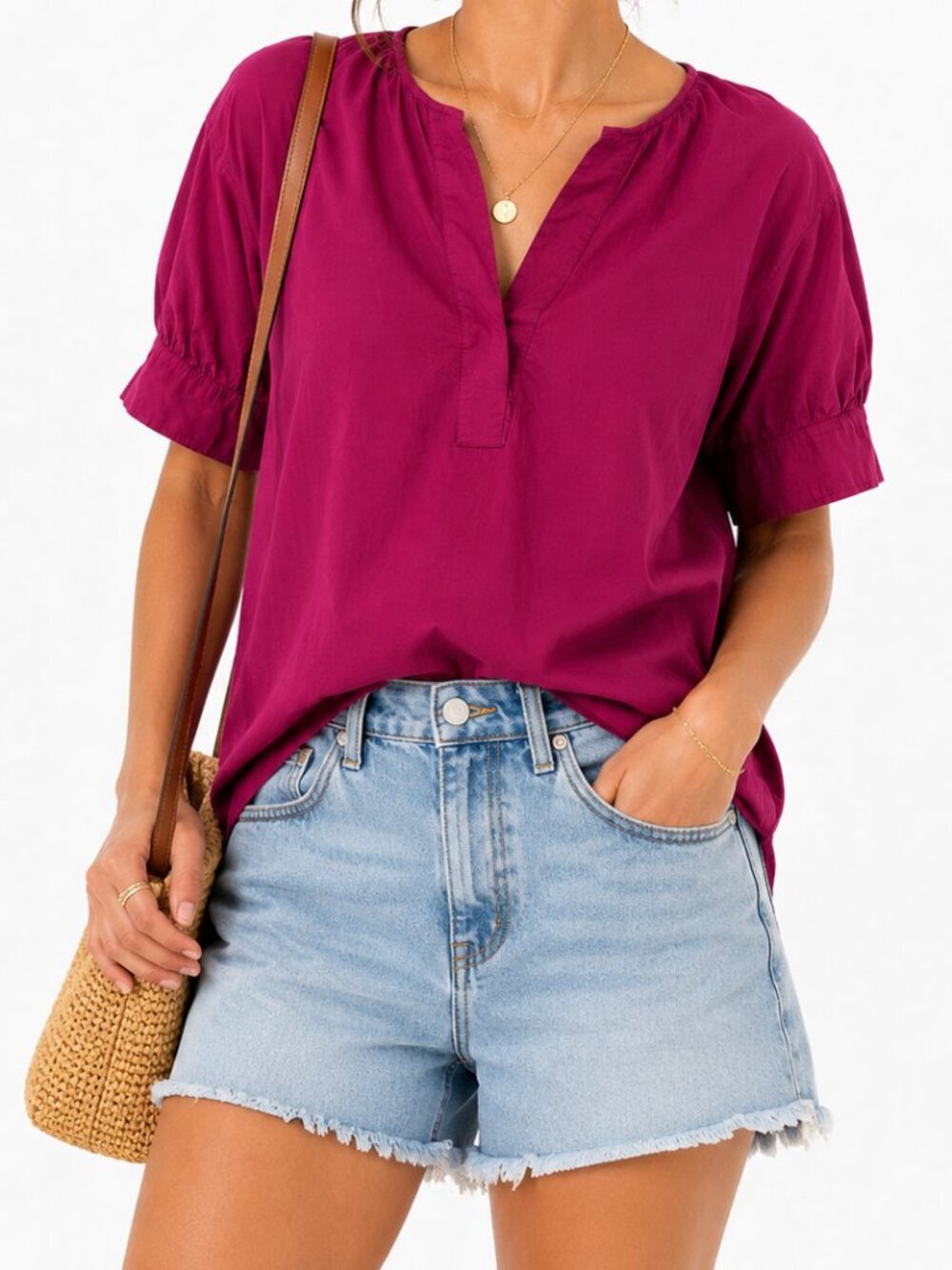 Talbots 100% Cotton Magenta Puff Sleeve Popover Blouse Size M